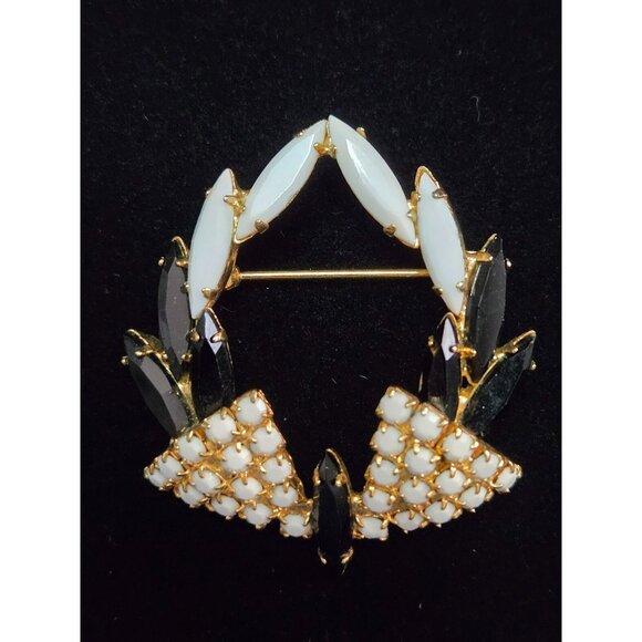 Vintage Milk Glass and Black Rhinestone Goldtone Geometric Brooch - Picture 1 of 4